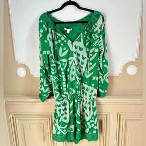 DVF Mikino blouson tunic dropped waist mini dress lined 4 green white tie neck